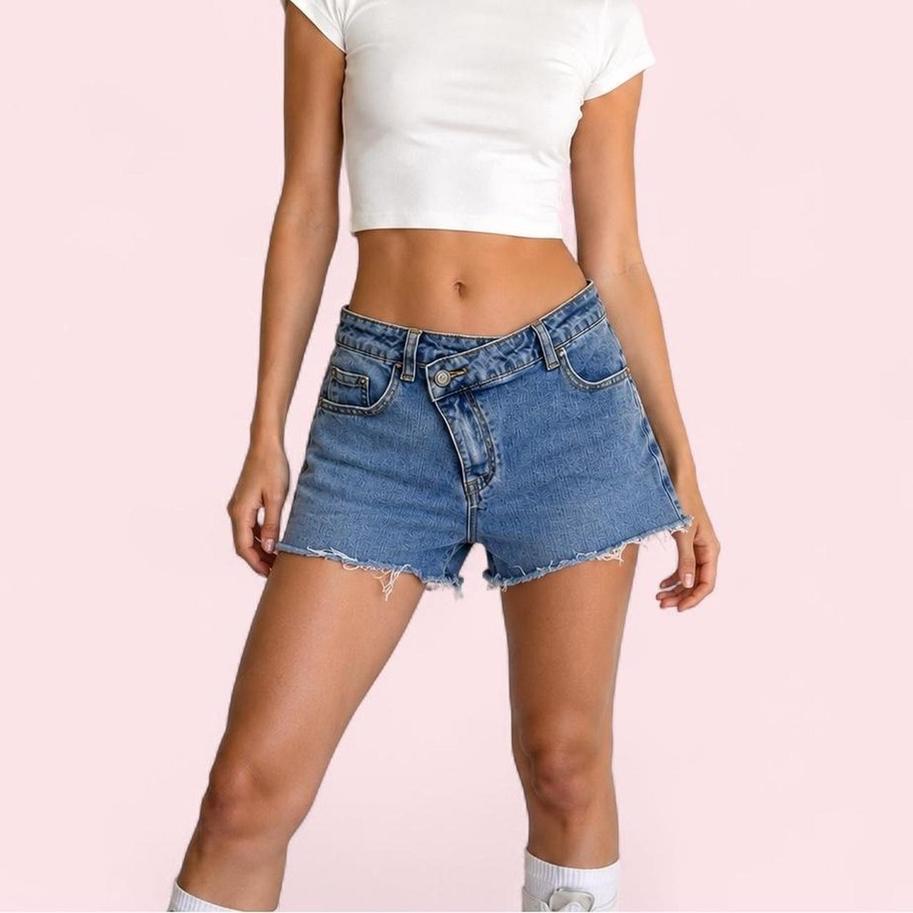 Genleck Y2K Raw Hem Wide Leg Denim Shorts Blue Skater XS